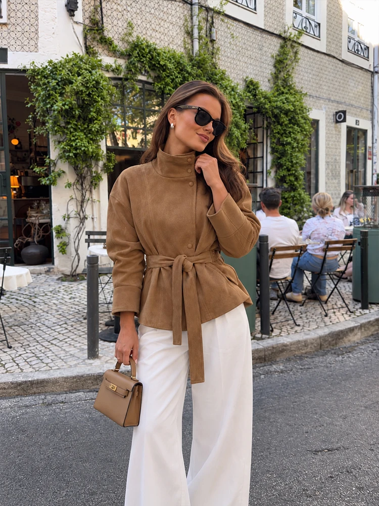 HH Women Fashion Faux Suede Jacket High Stand Collar Waist Belt Vintage Old Money Outerwear Spring Autumn Formal Occasion Outfit