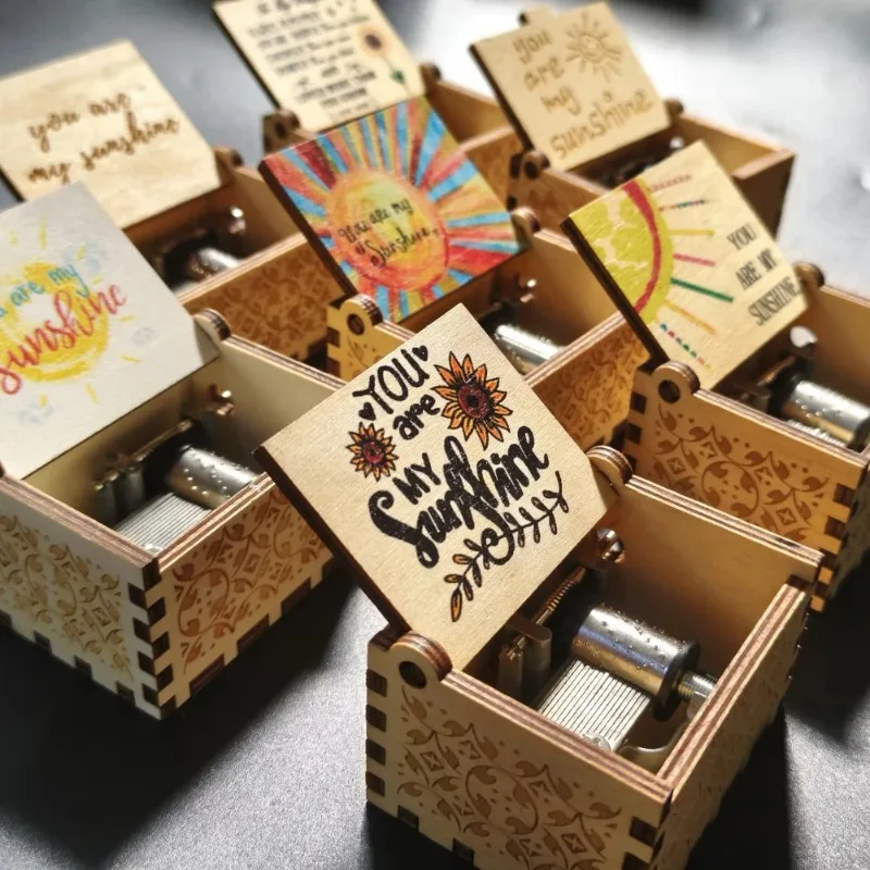yy Hand-Cranked Wooden Mini Music Box 'You Are My Sunshine' Mechanical Tune | Elegant Desktop Decor & Birthday Gift for All Ages