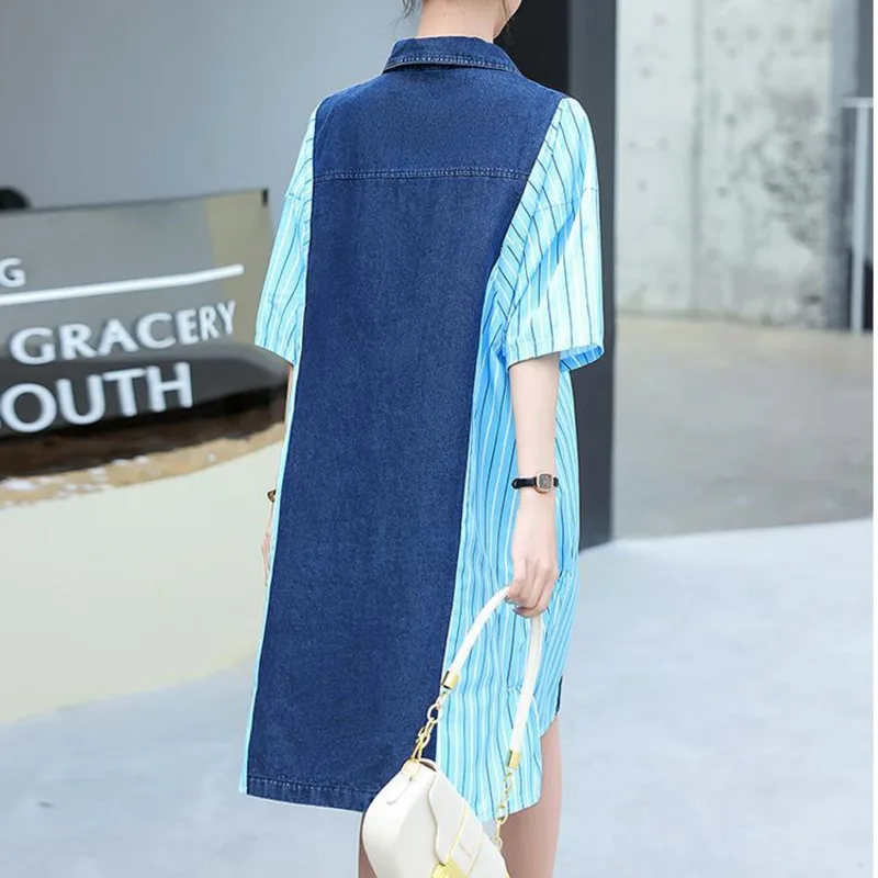 #3144 Summer Denim Shirt Dress Women Batwing Sleeve Loose Polo Neck Spliced Color Asymmetrical Short Shirt Dress Female Buttons