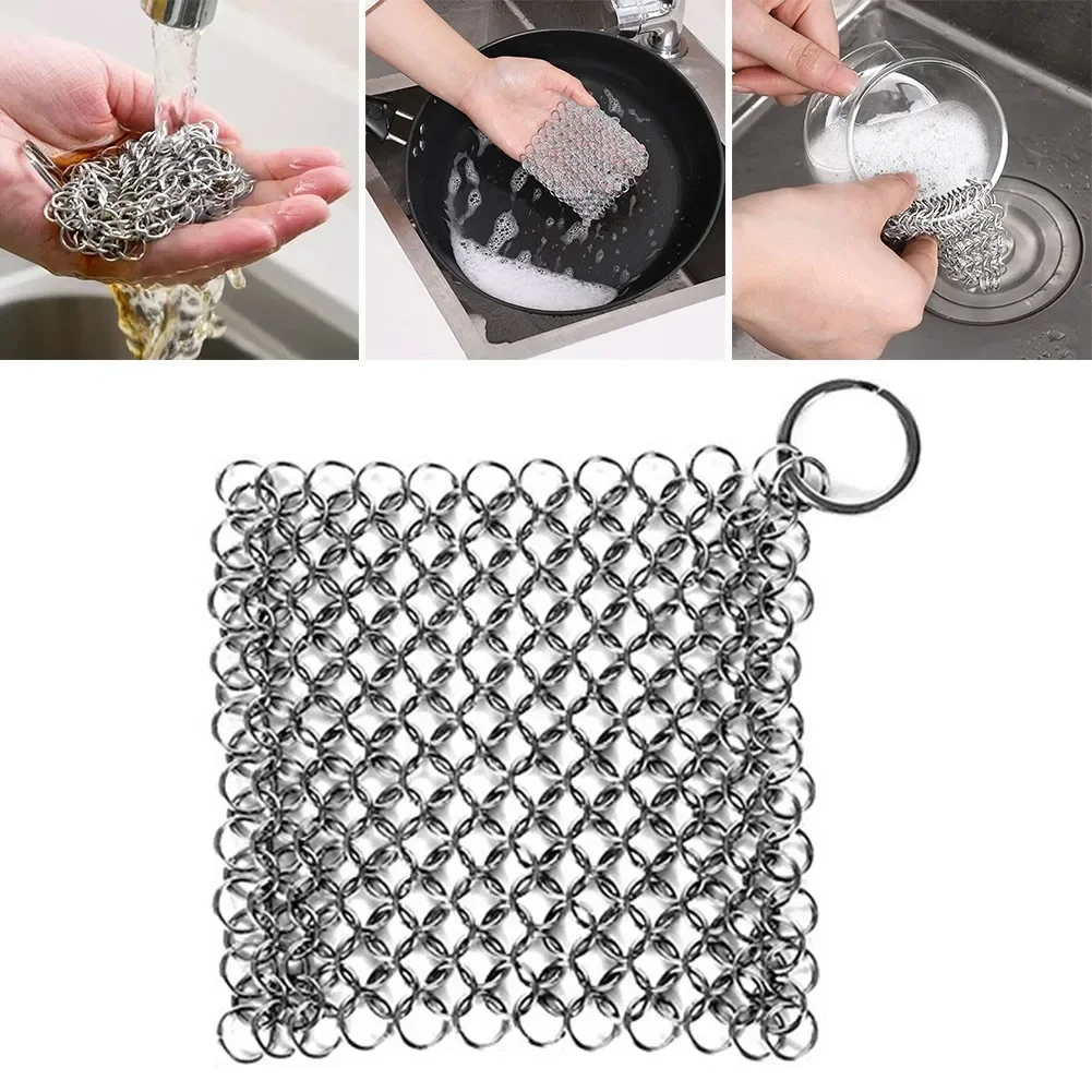 Roestvrij staal gietijzeren reiniger Chain Mail Scrubber Brush Pan Net Home Cookware Kitchen Tool Clean Accessoires