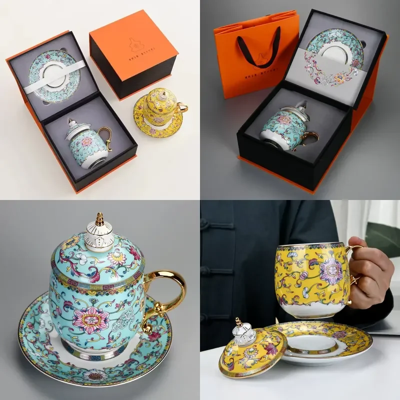 

【CHIMU HOME】 Chinese Enamel Color Style Brewing Cup Three-Piece Water Cup Mug with Lid Ceramic Flower Cup Gift
