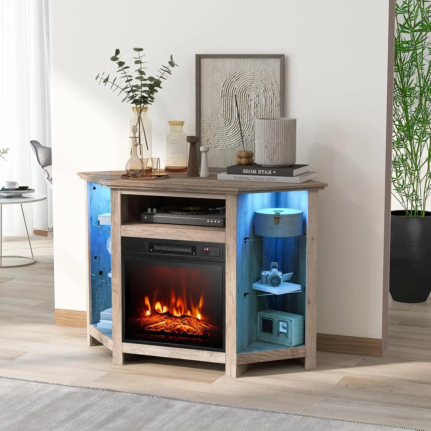 Electric Fireplace Corner TV Stand With 16-Color LED Lights, 3 Brightness, Remote And APP Control, Modern Electric, Customized