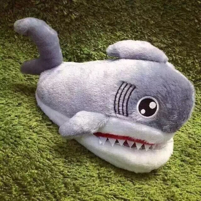 Korean style cartoon plush shark slippers for men women, super fluffy soft as clouds, cute warm flat heel house slippers,winter