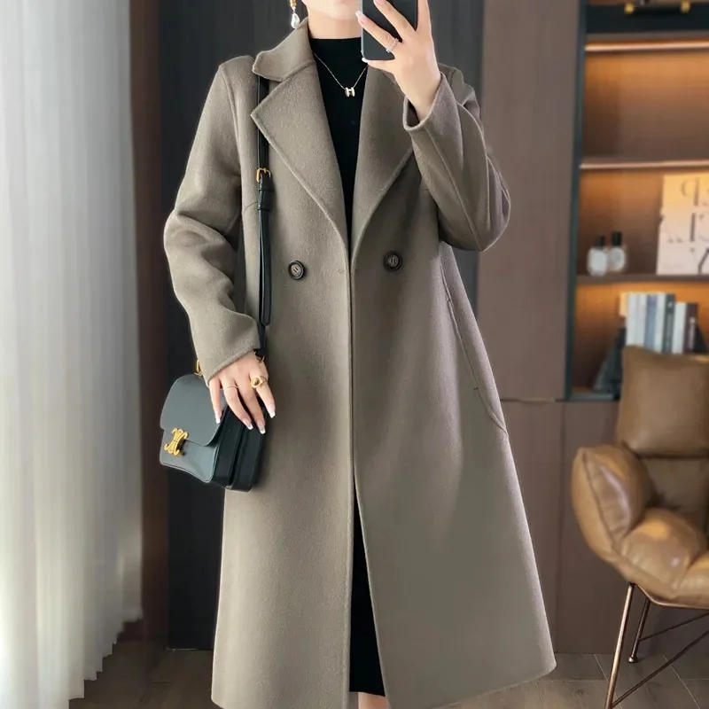 2025 New Winter Green Woolen Coat Lapel Long Sleeves Double Breasted Loose Overcoat With Belt Office Lady Fashion