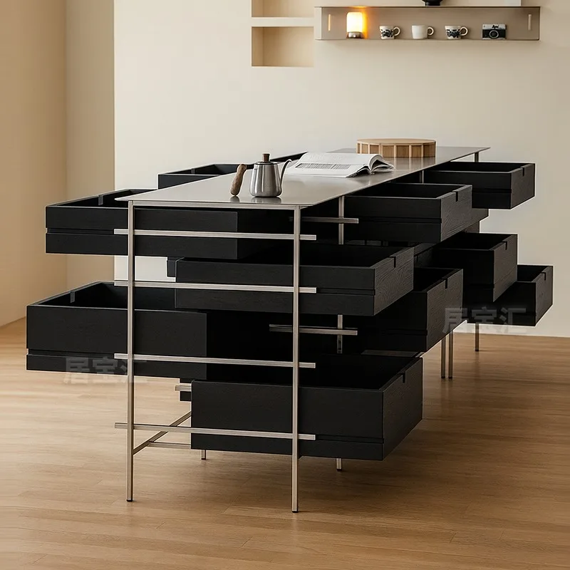 Minimalist island chest combination cabinet ash wood black stainless steel four draw ancient retro household side cabinet