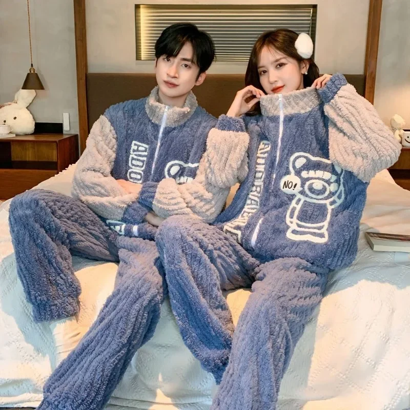 

Coral Velvet Pajamas Couples Autumn Winter Sleepwear Plush Thicken Loungewear Warmth Men Women Flannel Stand Collar Homewear Set