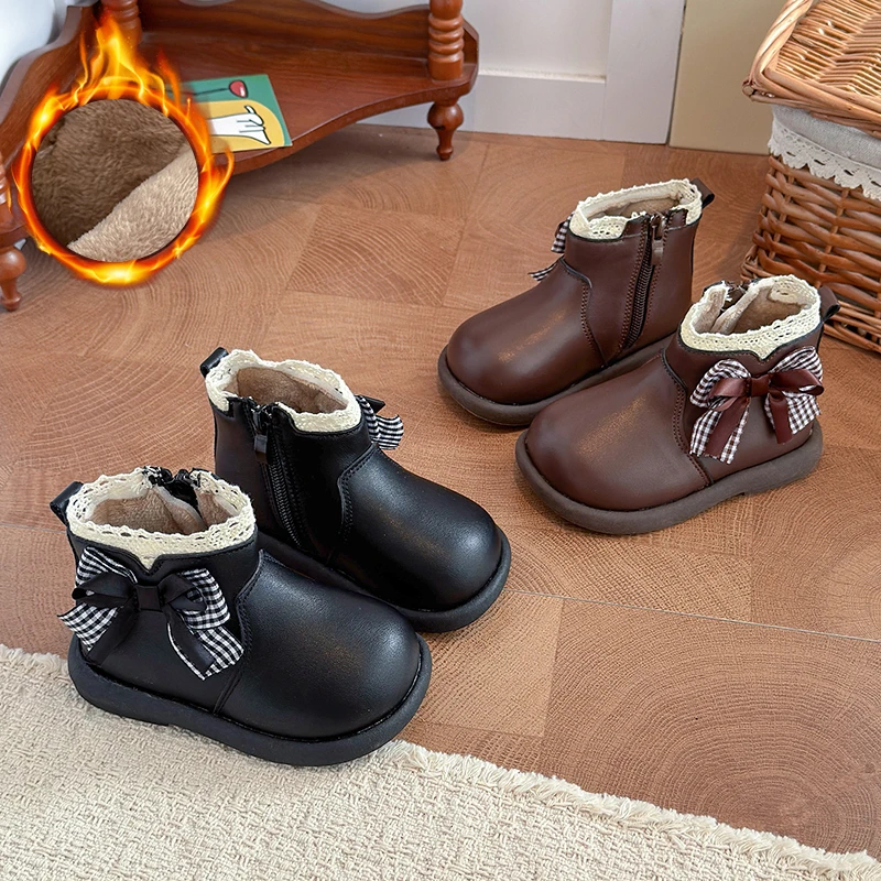 Girls Autumn Winter Plush Lined Ankle Boots Kids Side Zipper Bowknot Lace Trim Warm Short Boots Children Soft Sole Dress Boots