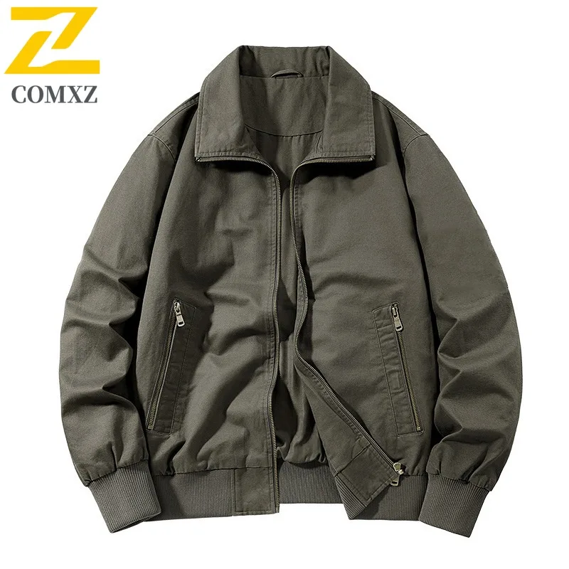 COMXZ Spring Autumn Lapel Washed Jacket American style Men Outdoor Multi Pocket Workwear Top Loose Fit Big Size Casual Coat 2025