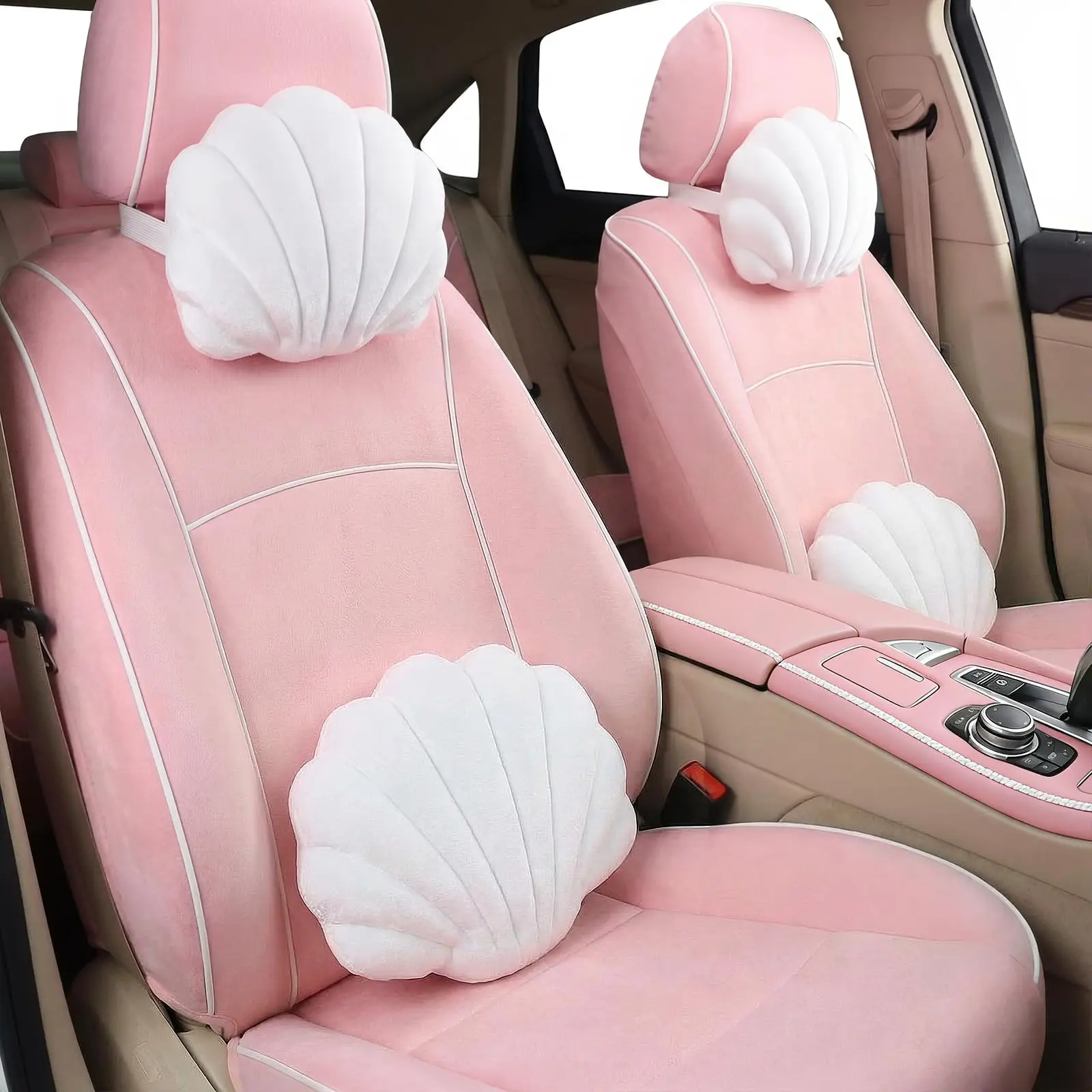 

Pink Seashell-Shaped Car Headrest And Lumbar Support Cushions, Soft Plush Seat Accessories For Comfort During Travel Or Daily