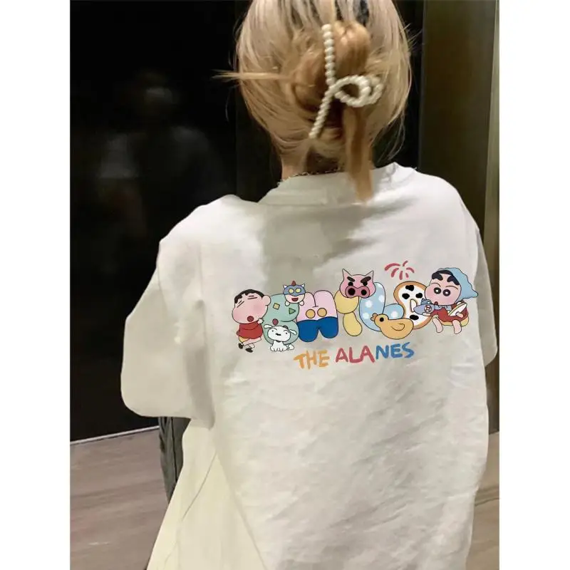 2026 Women's Crayon Shin-Chan Friends T-Shirt Cartoon Print Short Sleeved Summer Loose Casual Men Tee Shirts Fashion Couple Tops