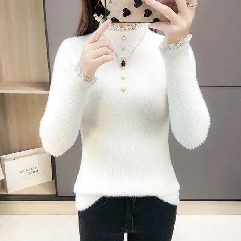 

Lace Half High Collar Sweater Women's New Solid Color Fashion Commute Long Sleeve Button Bottom Knitted Autumn Winter Slim Tops