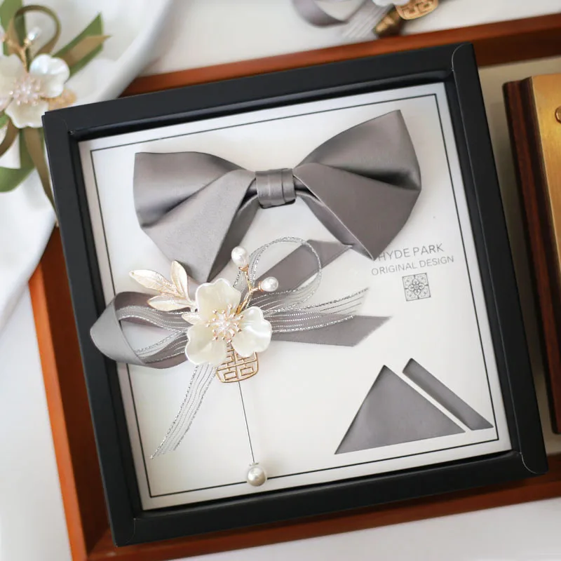 Wedding Souvenir Groom Best Man British Korean Solid Silver Grey Double Men's Bow Tie Gift Box