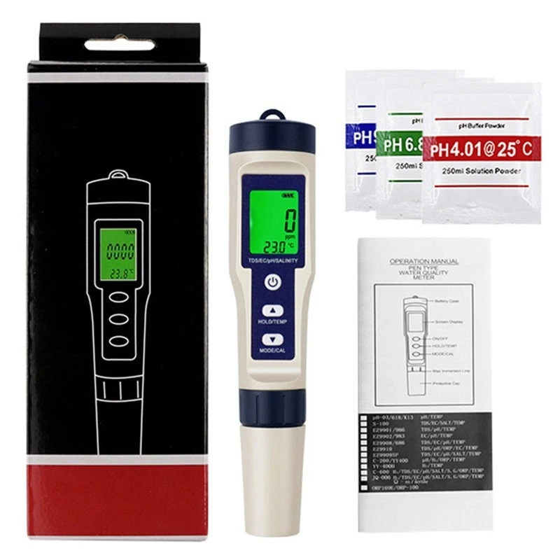 5-in-1 Water Quality Tester Pen Waterproof PH Salinity TDS EC Temperature Meter High Precision Seawater Aquarium Analyzer