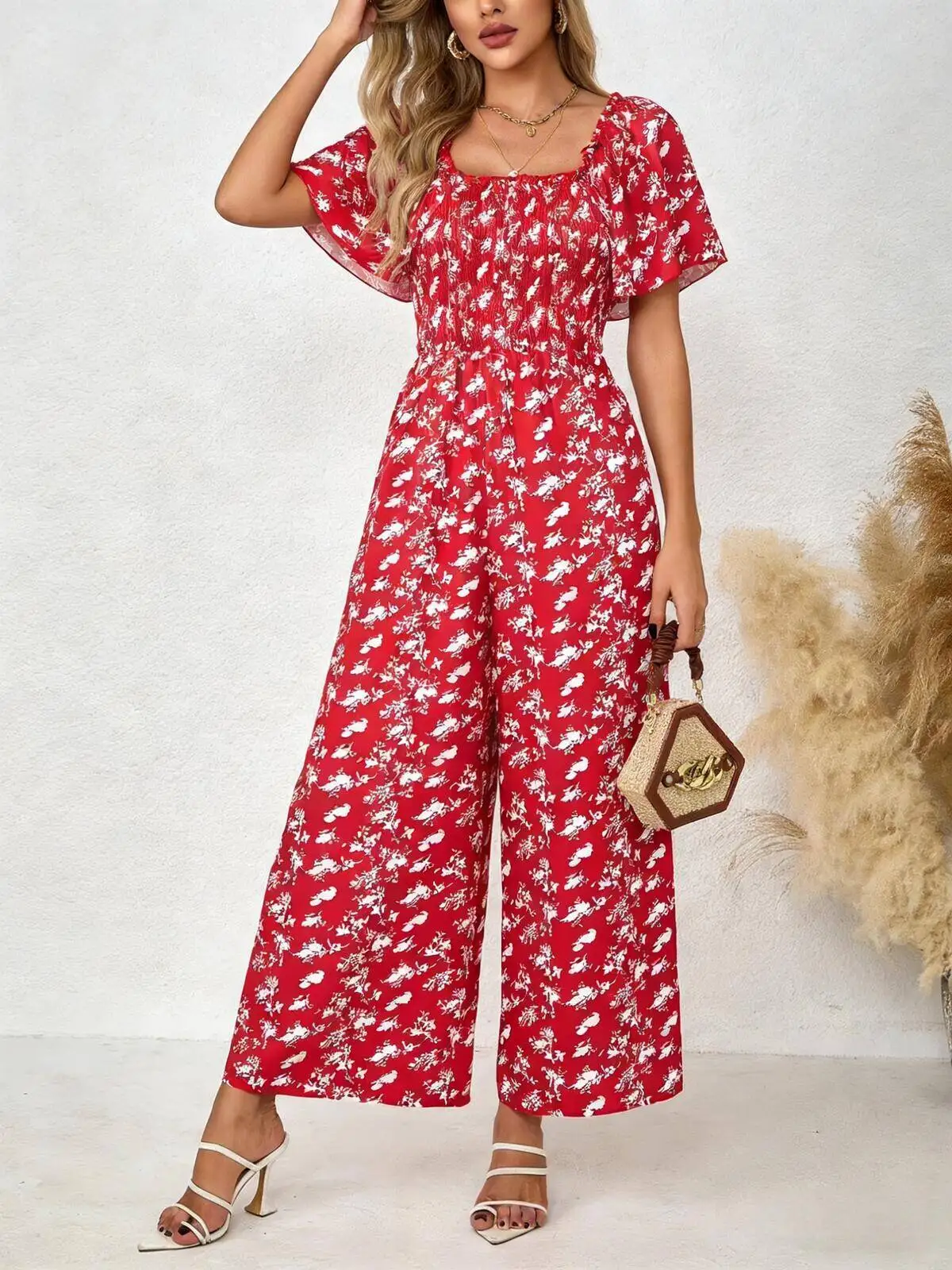 Women's Red Jumpsuit Floral Print Square Neck Flutter Sleeve Smocked Waist Wide Leg Spring Summer Party Casual Vacation Romper view 6