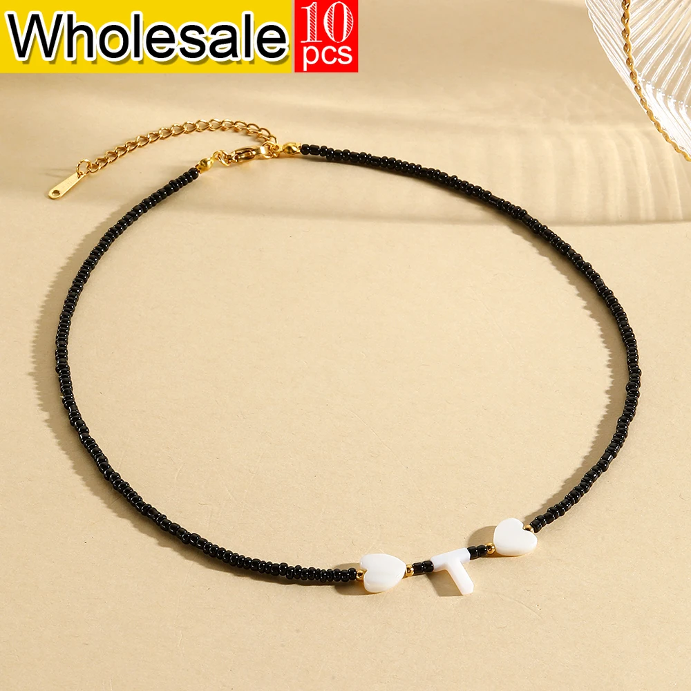 10PCS Wholesale Bohemian Style 26 Names Love Shell Letter Black Bead Necklace Alpahbet Fashion Birthday Couple Birthday Gifts