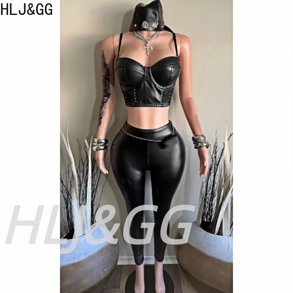 

HLJ&GG Sexy Leather Bandage Spaghetti Strap Tank Top Two Piece Sets Women Sleeveless Backless Slim Vest and Skinny Pants Outfits