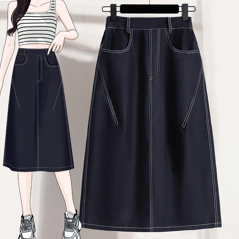 

Элегантная джинсовая юбка А-силуэта больших размеров для женщин, свободного кроя, средней длины, весна-лето, новая модель в корейском стиле, повседневная, для работы и отдыха