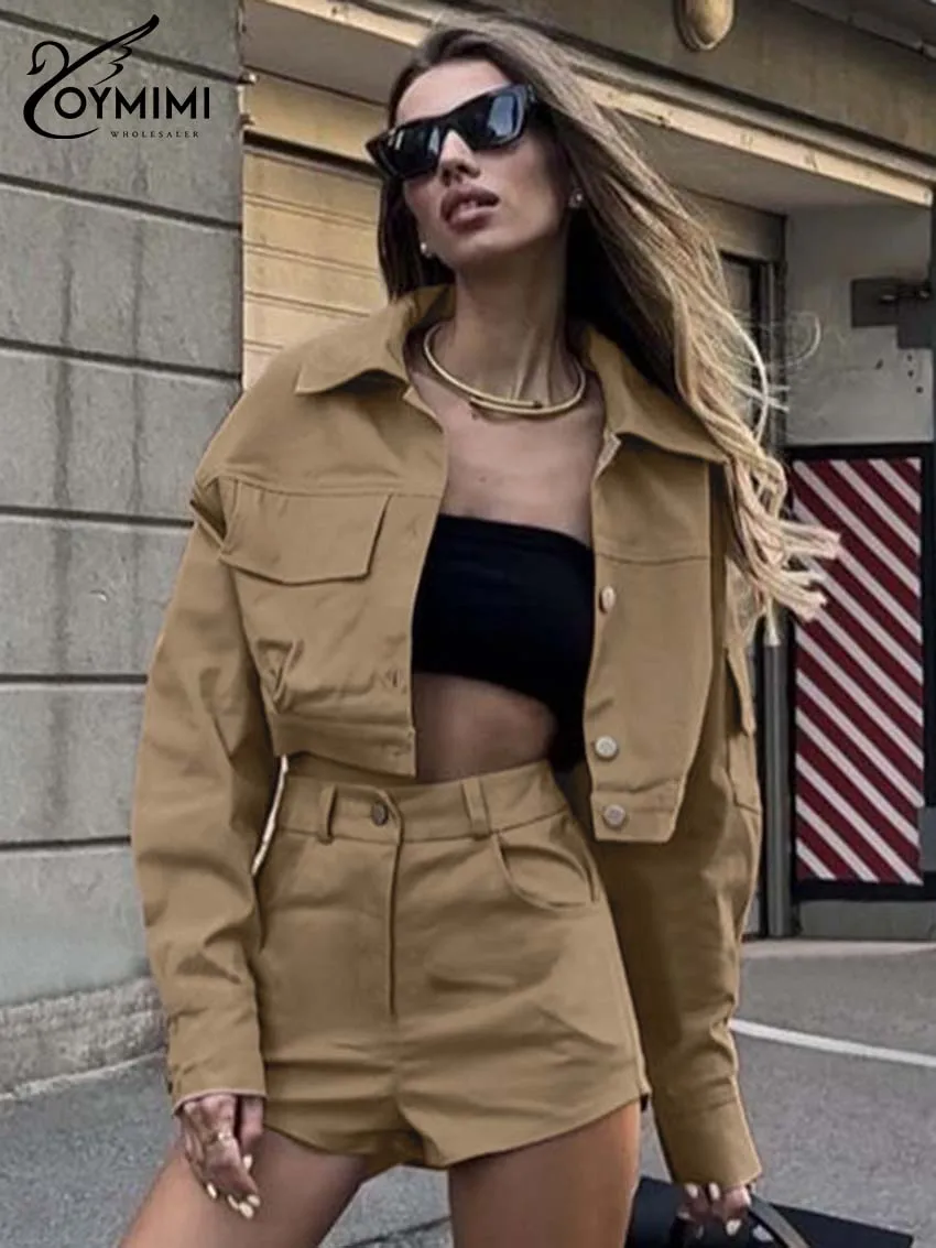 

Oymimi Casual Khaki Womens 2 Piece Outfit Set Fashion Long Sleeve Button Pockets Shirts And High Waist Simple Shorts Streetwear