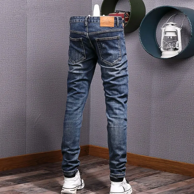 Fashion Streetwear Men Jeans Retro Blue Stretch Slim Fit Ripped Jeans Men Elastic Vintage Designer Denim Pencil Pants Hombre