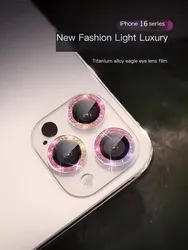 Glitter Bling Metal Glass Camera Lens Protector For IPhone 14 15 16 Pro Max 16Plus 15 14Pro 15Pro 16Pro Women Ring lens Cover