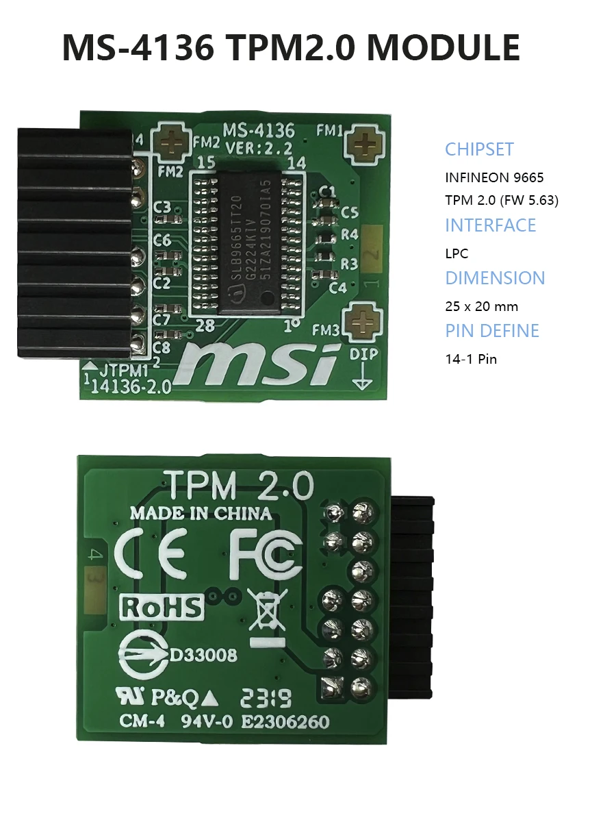 TPM2.0 MSI MS -4136 -4462 Trusted Platform Module2.0 Encryptie Beveiligingsmodule Externe kaart