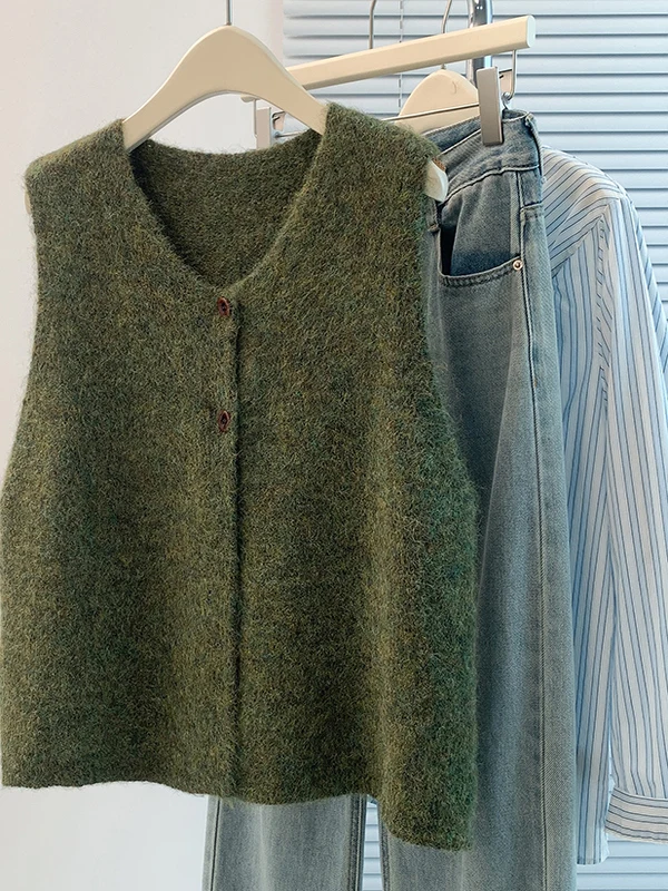 

Женский жилет из шерстяной смеси в стиле ретро с V-образным вырезом на двух пуговицах, свободный крой, для многослойных образов, с подплечниками, новинка зимы