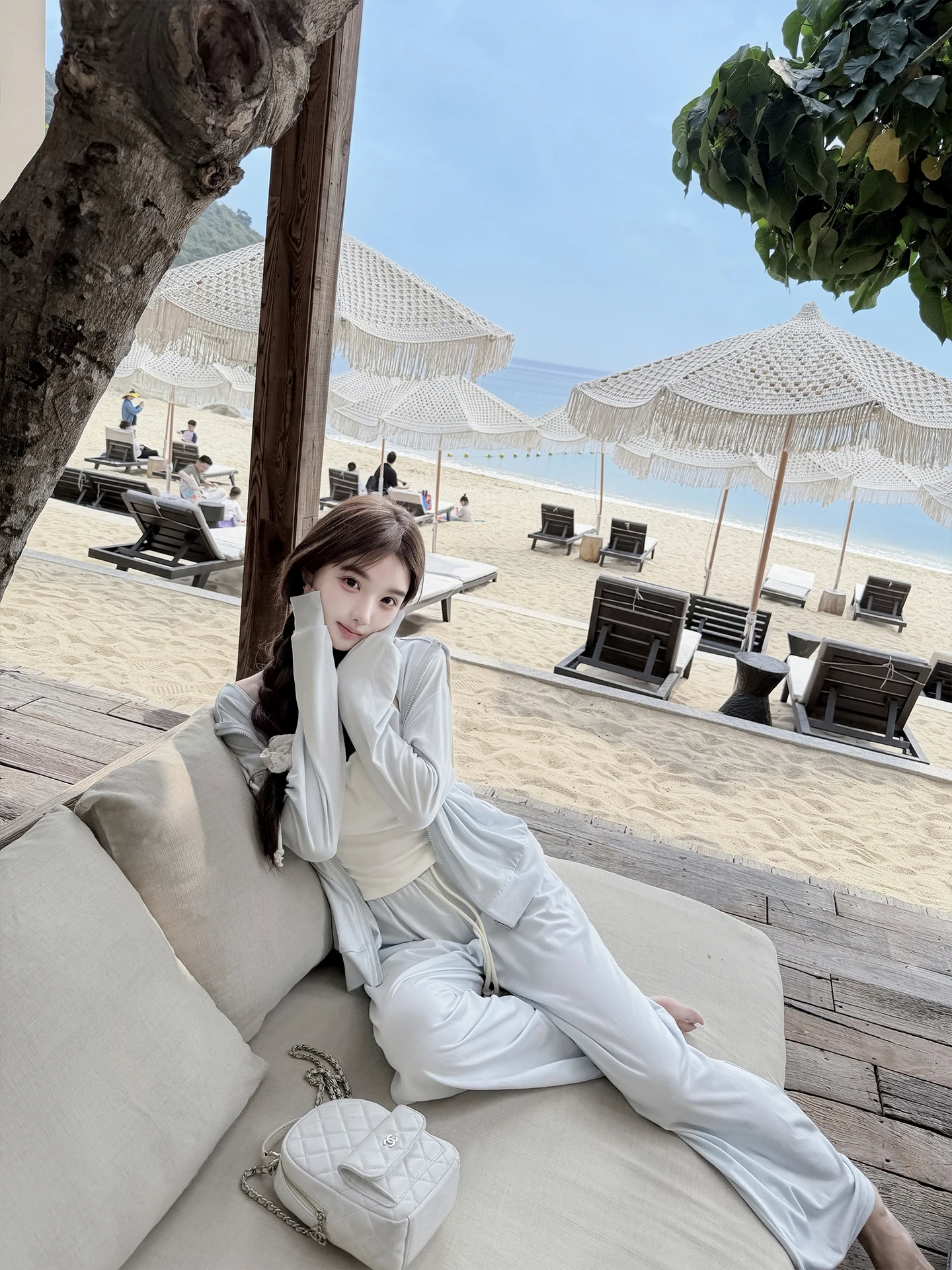 

Loose Fit Casual Two-Piece Set UV Protection Hoodie Pants Combo White Water 70 Lenzing Hemp Summer Fashion Outfit for Women