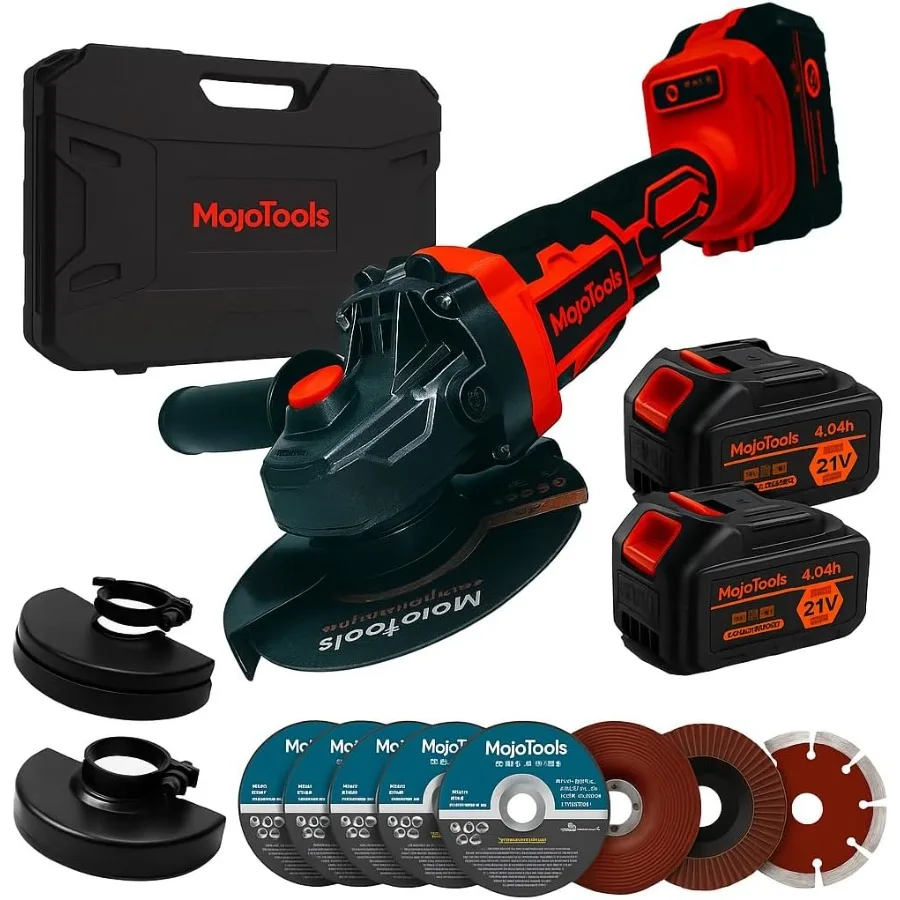 

21V Cordless Angle Grinder Kit 4-1/2 9000 RPM with Brushless Motor 2×4.0Ah Batteries Fast Charger 8 Discs 5 Metal + 1 Wood + 2
