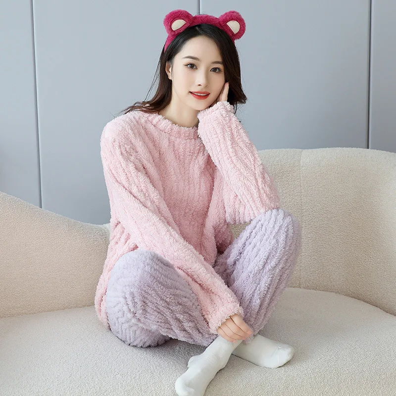 Warm Set of Winter Pajamas Autumn and Winter Jacquard Shu Cotton Velvet Thickened Colorblocking Round Neck Warm Home Wear Female