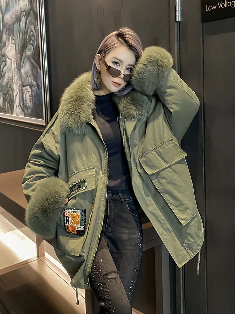 Luxury Fox down jacket with fur collar new mid length 90% white duck down winter 2022 European style Puffer overcoat