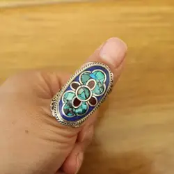 RG371 Tibetan Silver Lapis Turquoises Stone Colorful Flower Hand Carved Large Ring 2023 New Arrival