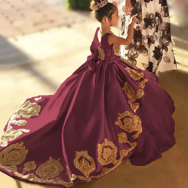 Vestidos de niña de flores para bodas, niños pequeños, Apliques de encaje dorado, vestido de desfile de princesa, vestidos de noche de fiesta de satén con lazo