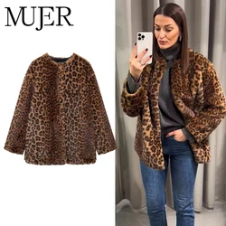 MUJER Leopard Print Long Jacket Women Faux Fur Winter Coat Female Outerwears Plush Jacket Women Long Sleeve Jackets for Women
