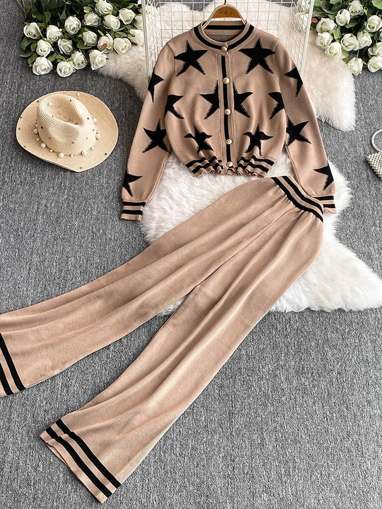 Chic Fashion Korean 2PC Suits Ladies O-Neck Print Star Knitting Cardigan+High Waist Wide Legs Pants Basic Casual Sets