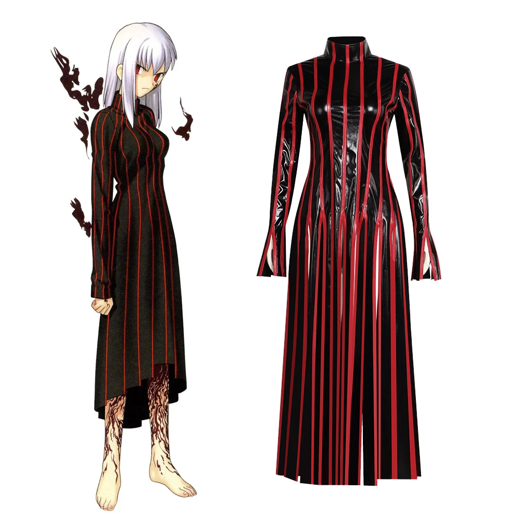 

Anime Matou Sakura Cosplay Costume Woman's Black Red Strip Dress Halloween Cosplay Stage Outfit