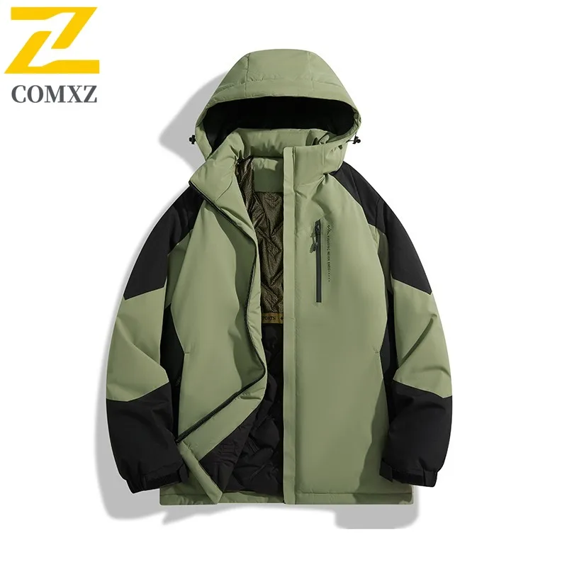 COMXZ 2025 Winter Graphene Stand Collar Cotton Jacket Hooded Waterproof Windproof Outdoor Sports Casual Warm Coat Men Streetwear