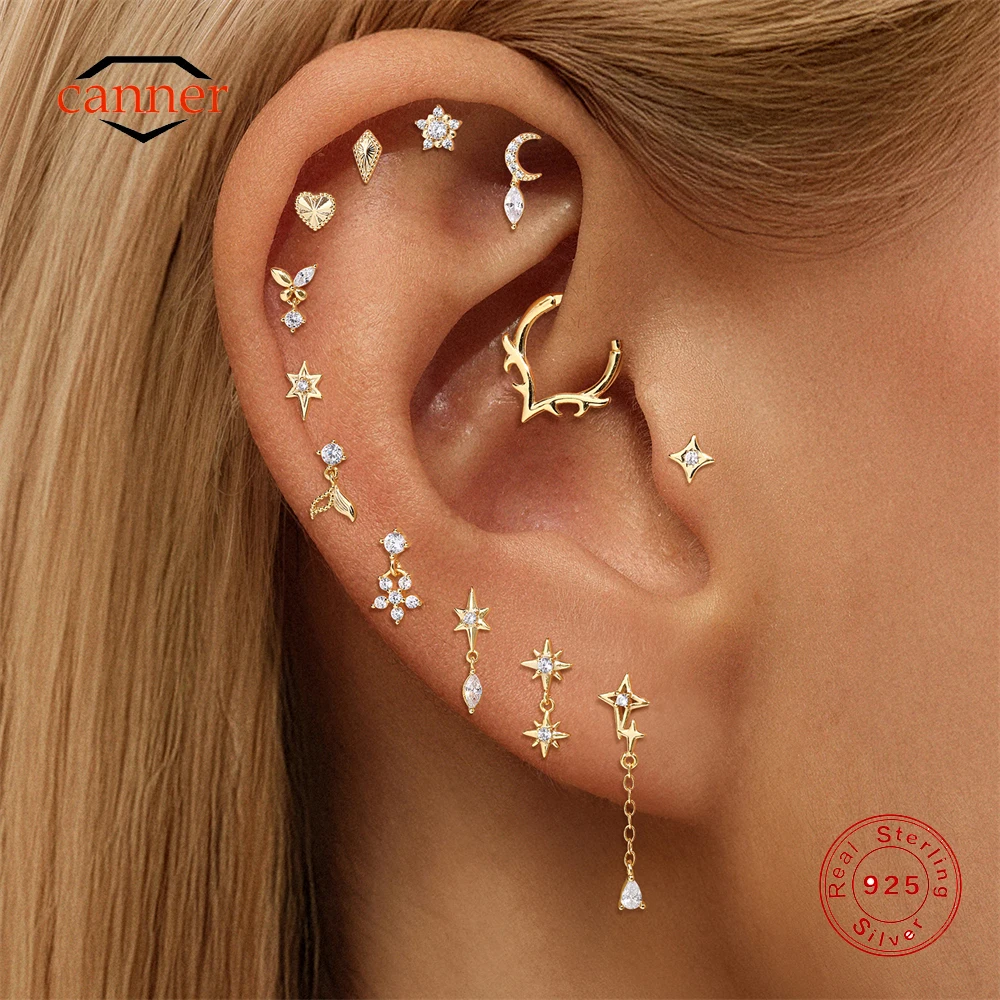 

CANNER 1PC 925 Sterling Silver Hexagonal Star Zircon Piercing Ear Bone Earring Women 18K Gold Plated Cartilage Thread Earring