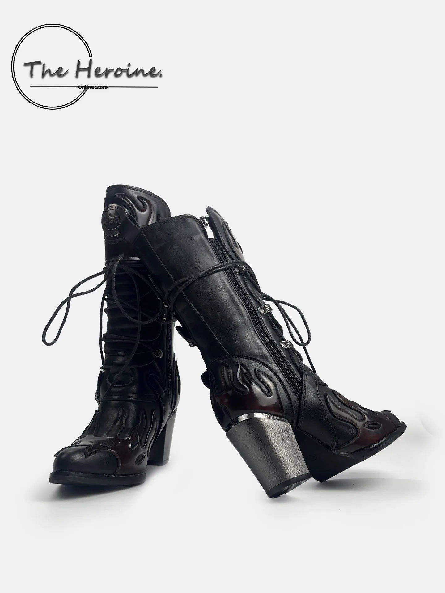 

Heavy Metal High Heel Western Boots Women's Large Size Belt Bule Heightening Knight Boots Punk Sle Mid-Calf Boots