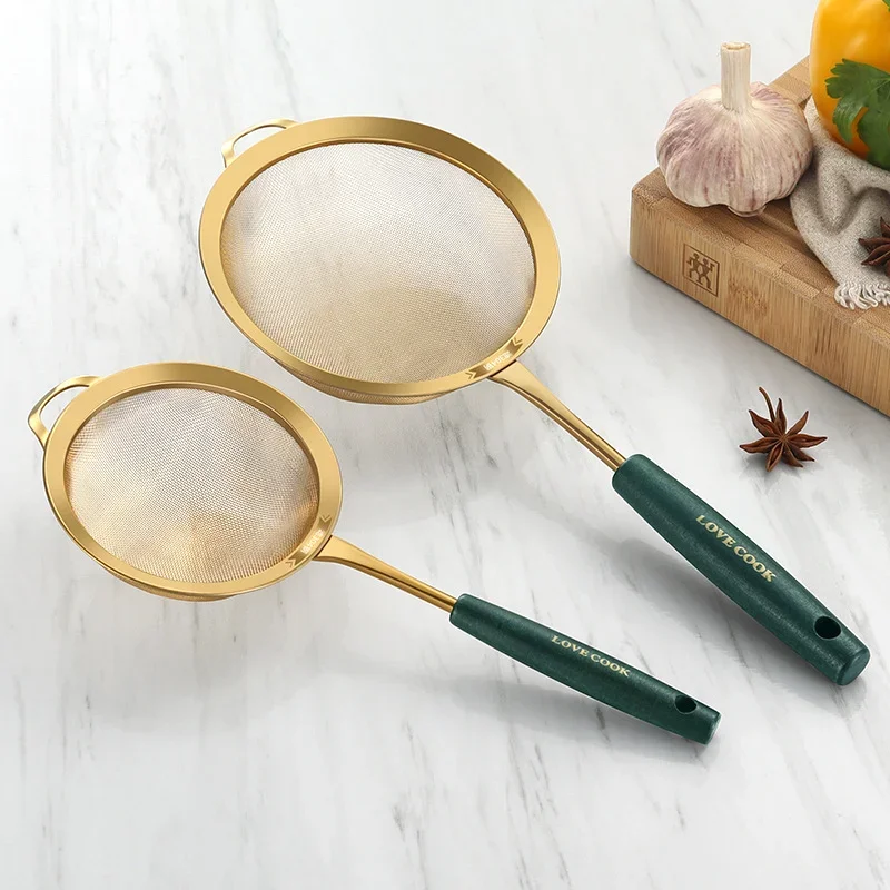 For Home Kitchen Green Gold Colander Juice Strainer Fried Food Skimmer Fine Mesh Filter Spoons Flour Sieve Cooking Utensils