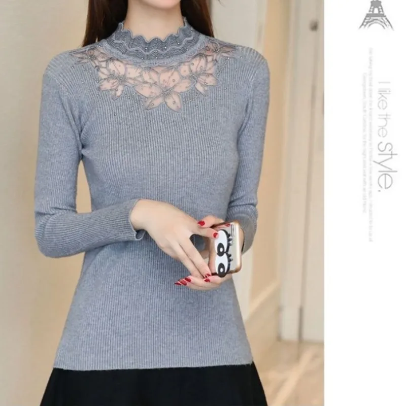 2023 Autumn and Winter Women\'s Half High Neck Knit with Lace and Diamond Slim Fit Casual Elegant Commuter Long Sleeve Sweater