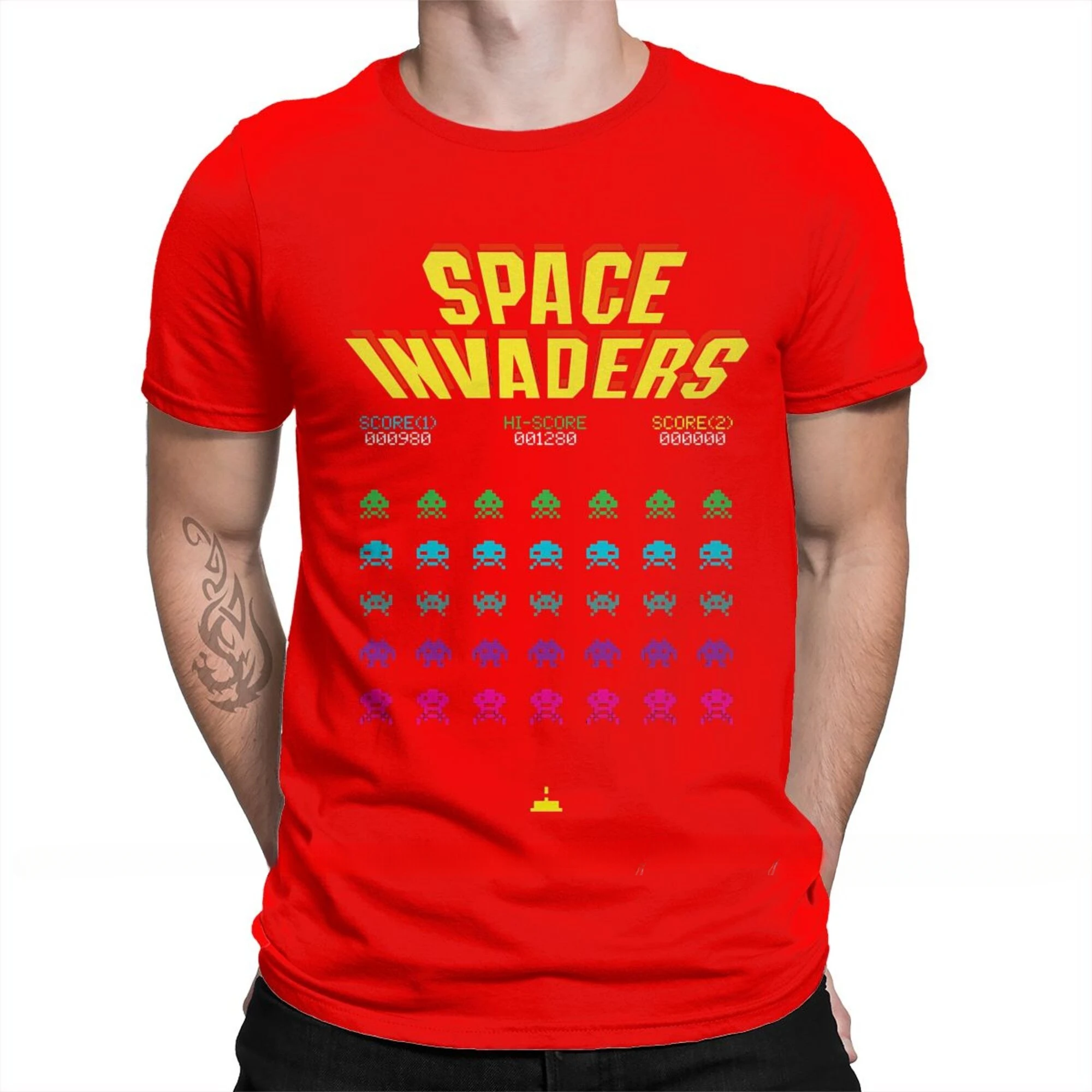 Men 100% Cotton Short Summer Sleeve Casual Plus Size Shirt Adults 70s 80s Arcade Game Space Invaders T-Shirt oversized harajuku