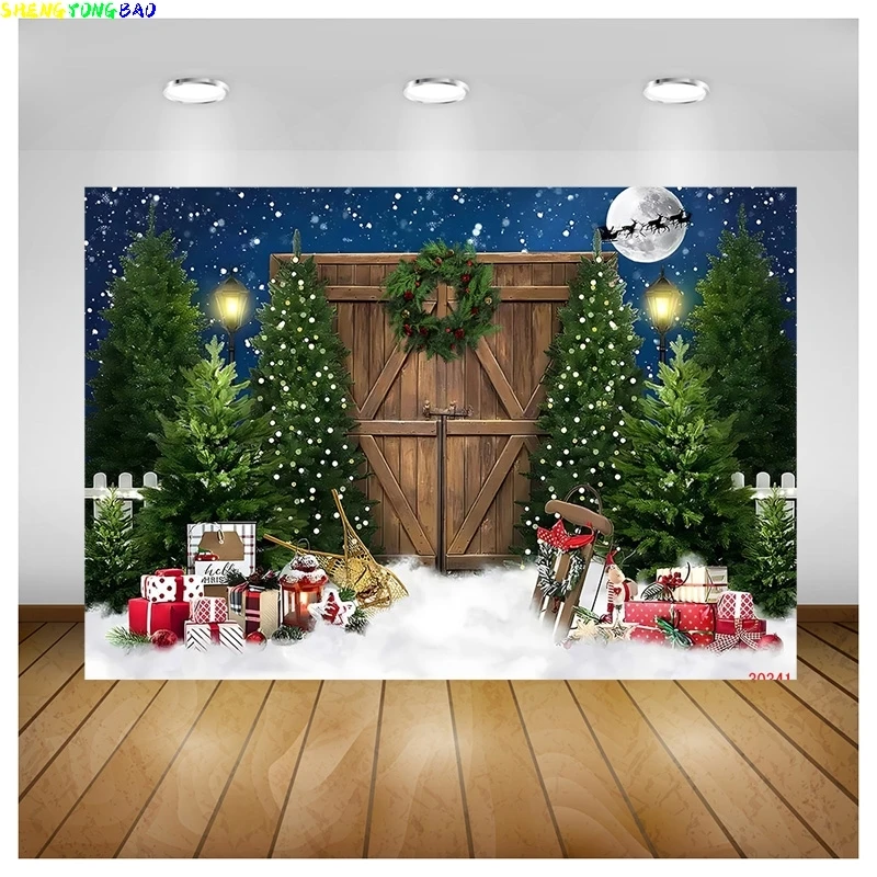 

Vinyl Custom Christmas Tree Window Wreath Photography Backdrop Wooden Doors Snowman Cinema Pine New Year Background Prop ZZ-18