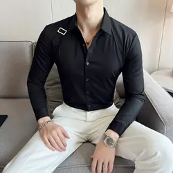 2023 Strap Decoration Shirts for Men Long Sleeve Slim Casual Shirts Business Social Dress Shirts Streetwear Stage Singer DJ Tops