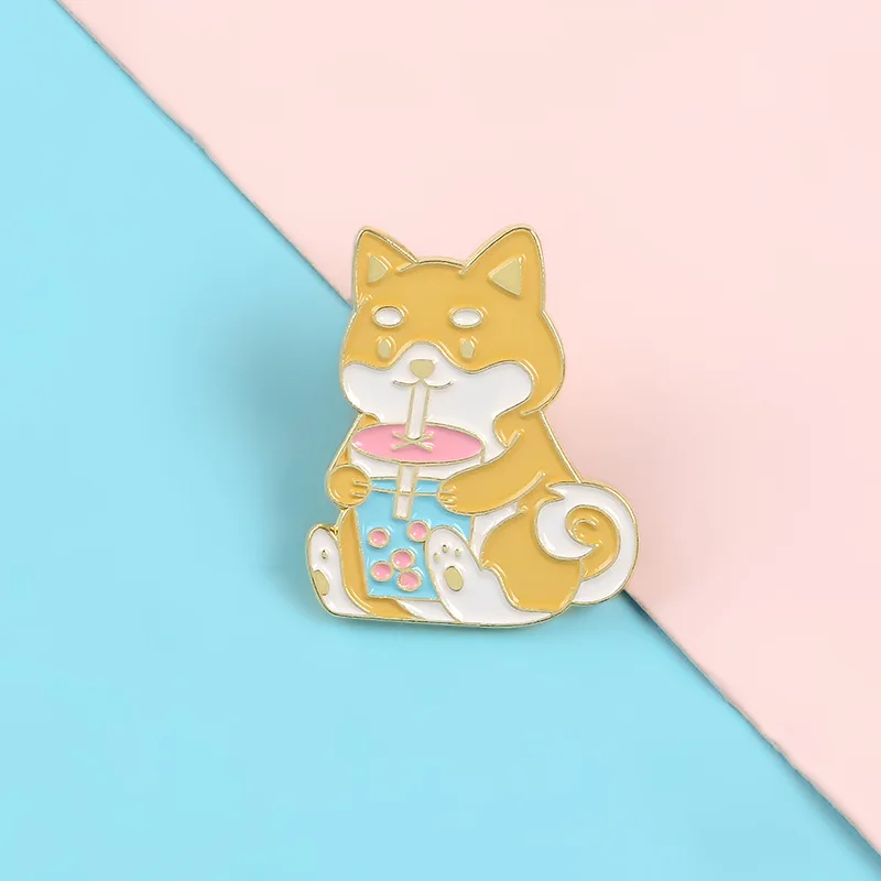 Brooches Cartoon Dogs Drinking Bubble Tea Summer Juice Enamel Pins Kids Animals Badges Jewelry Gift for Friends Super Cute Corgi