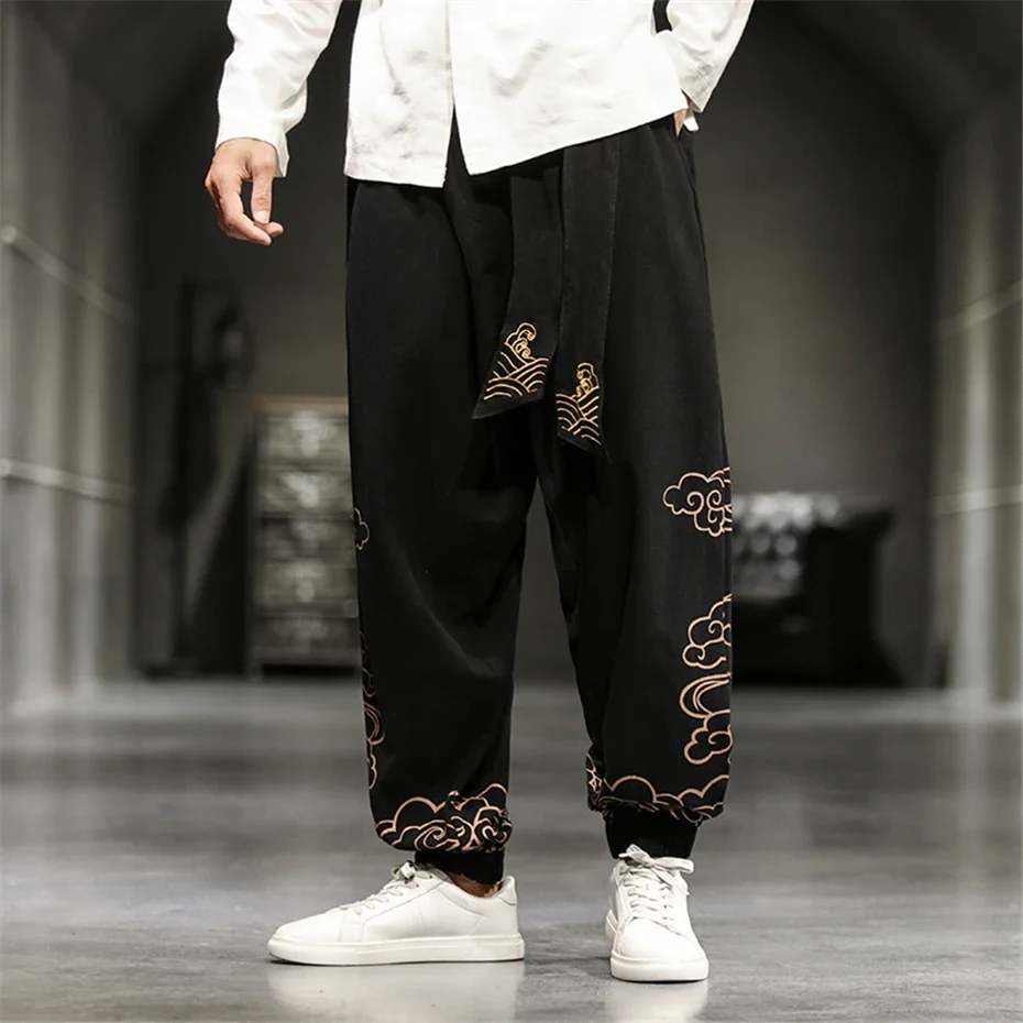 Linen Pants Men Summer Harem Pants Chinese Style Cloud Embroidery Pants Loose Elastic Waist Trousers Male