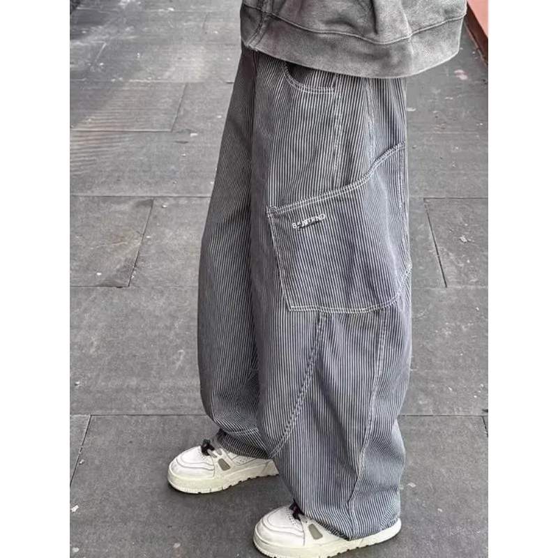 Pantalones largos a rayas de talla grande para mujer, pantalón holgado de pierna recta Y2K, cómodos, con múltiples bolsillos, para primavera y otoño