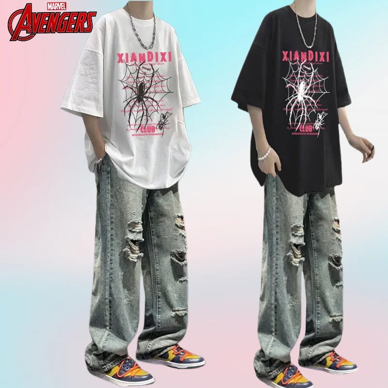 مجموعة تي شيرت Marvel Spiderman Boys Summer Fashion Trends Cartoon Anime Pattern Soft Casual Loose Jeans متعددة الاستخدامات بأكمام قصيرة