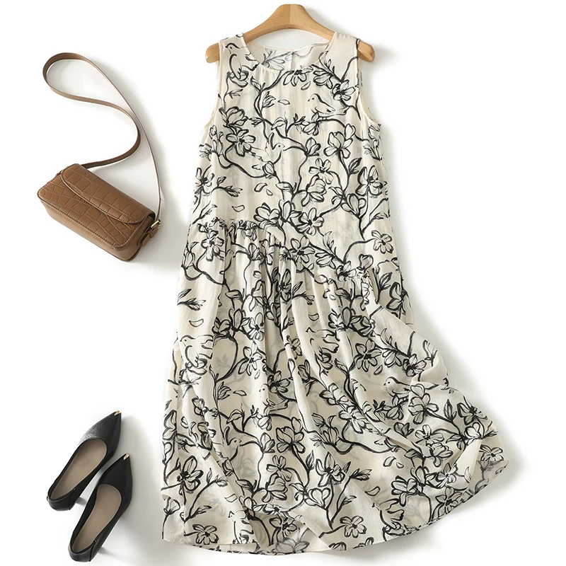 Women Long Dress Ink-dyed Floral Print Vest Sleeveless Loose Casual Beach Boho Dress 2025