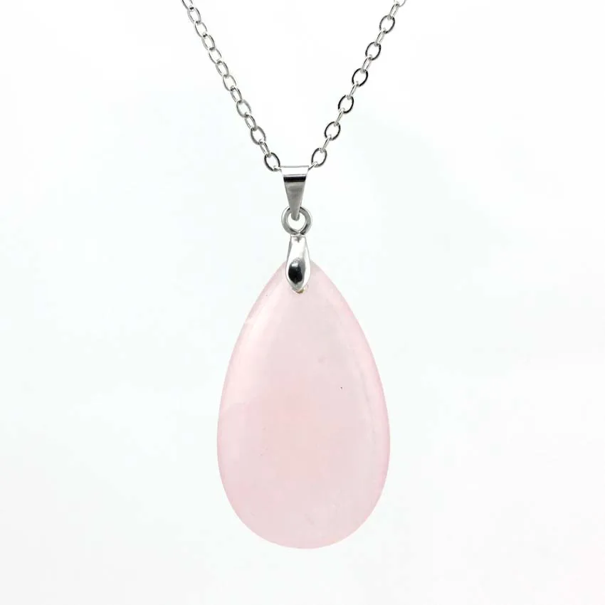 Natural Crystal Water Drop Pendant Rose Quartz Amethyst Teardrop Lapis Lazuli Stone Pendant Chain Necklace For Women Girls Men