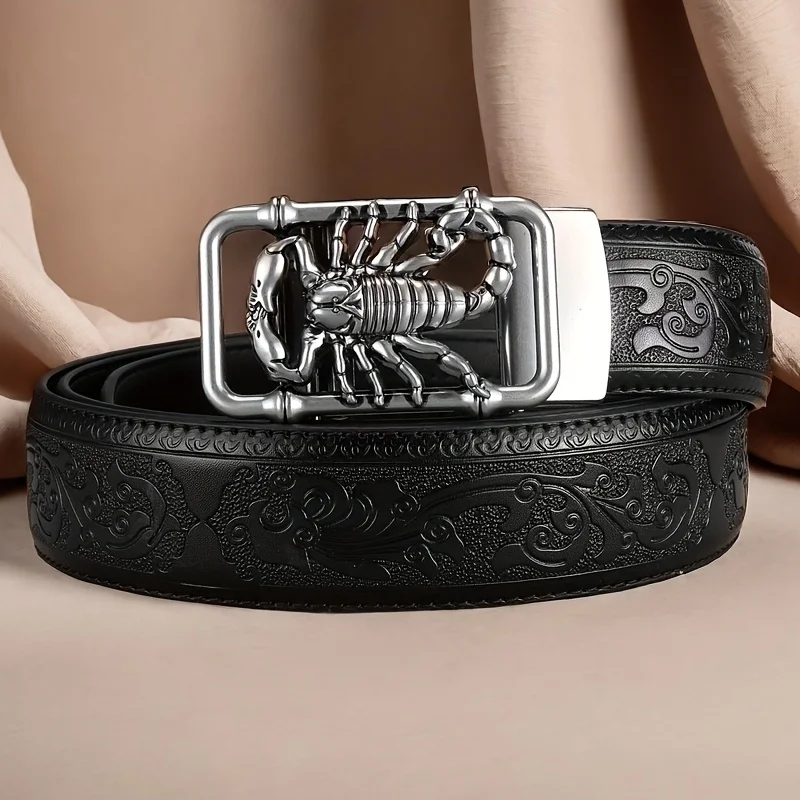 Men's Retro Alloy Automatic Buckle Belt Embossed Casual Leather Belt, Gift for Him Husband and Father Adjustable Durable Vintage